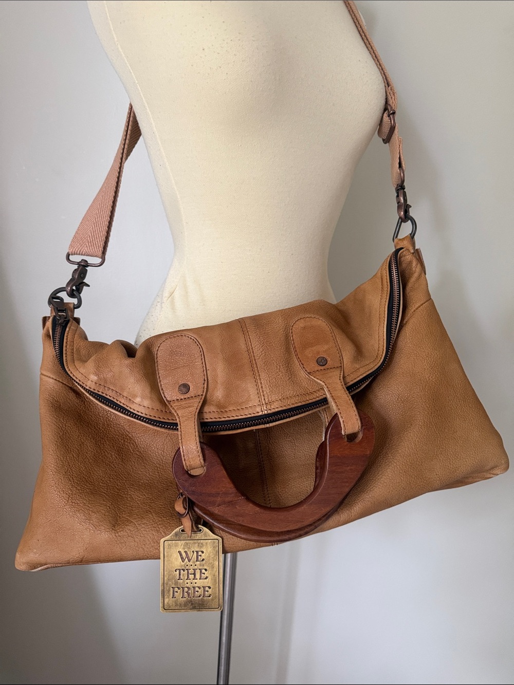 We The Free Tan Leather Willow Messenger Bag with Wooden Handle